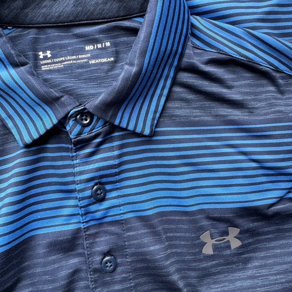 Under Armour Men's HeatGear Polo Shirt Striped Loose Fit Size Medium Blue Black